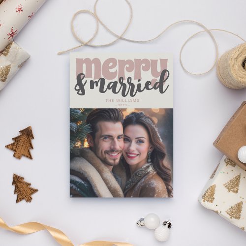 Merry And Married Stylish 2 Photo Christmas Holiday Card