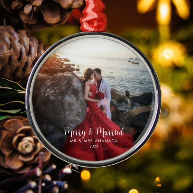 Merry and Married Timeless & Classic Newlyweds  Metal Ornament (Available in multiple types of ornaments. Customize with your picture, names and date.)