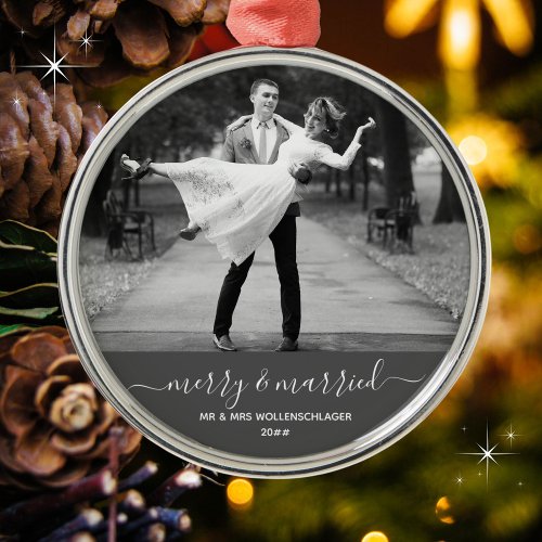 Merry and Married Timeless  Minimal Newlyweds  Metal Ornament