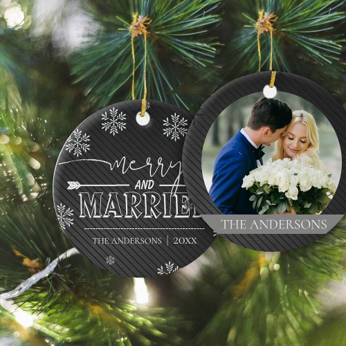 Merry And Married Typography First Christmas Photo Ceramic Ornament