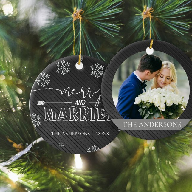 Merry And Married Typography First Christmas Photo Ceramic Ornament (Merry And Married Typography First Christmas Photo Ceramic Ornament)