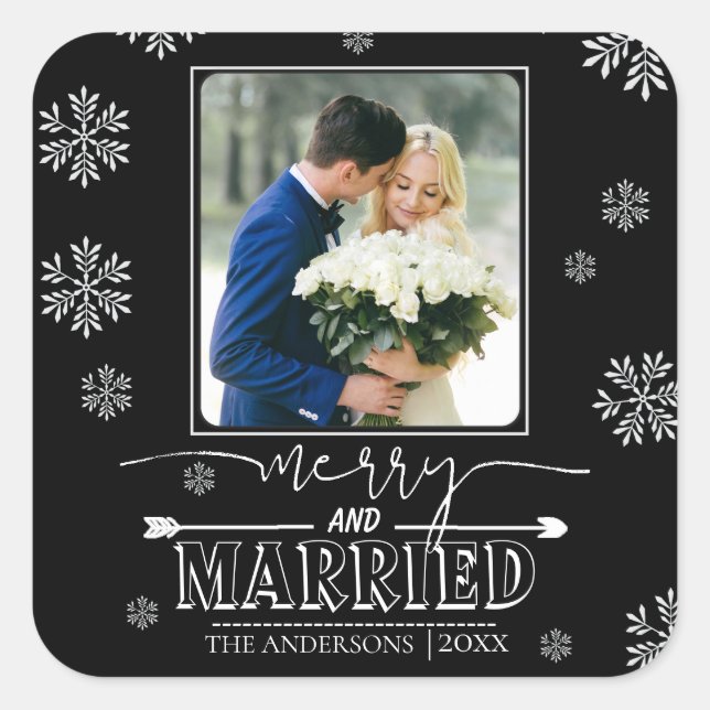 Merry And Married Typography First Christmas Photo Square Sticker (Front)