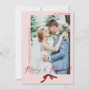 Merry and Married Watercolor Red Bow Holiday Card