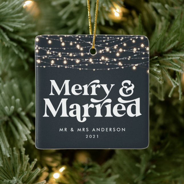 Merry and married wedding Christmas Twinkle light  Ceramic Ornament (Tree)