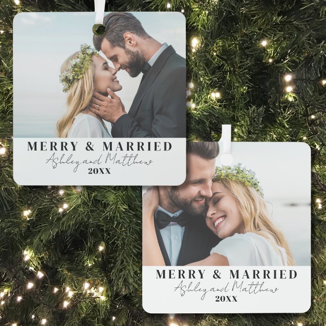 Merry And Married Wedding Photo Christmas Metal Ornament (Minimalist Merry And Married Photo Metal Ornament)