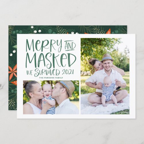 Merry and Masked We Survived 2021 Green Photo Holiday Card