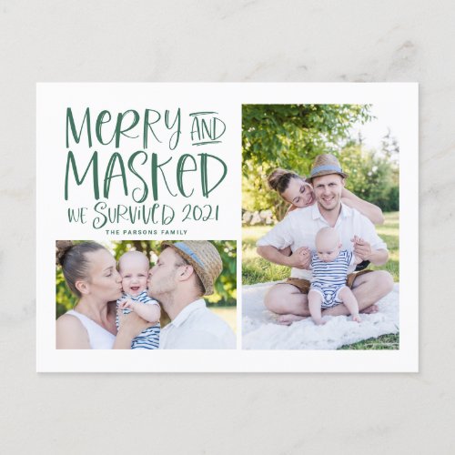 Merry and Masked We Survived 2021 Green Photo Holiday Postcard