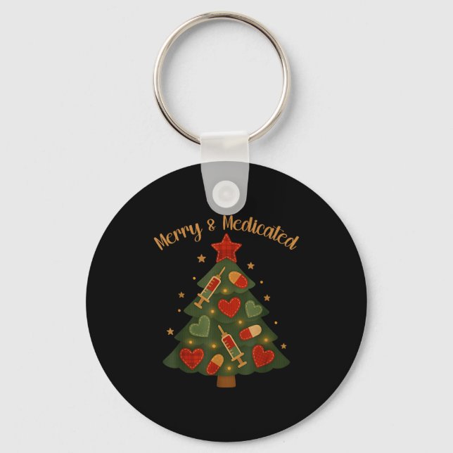 Merry And Medicated Rn Nurse Christmas Tree Funny  Keychain (Front)