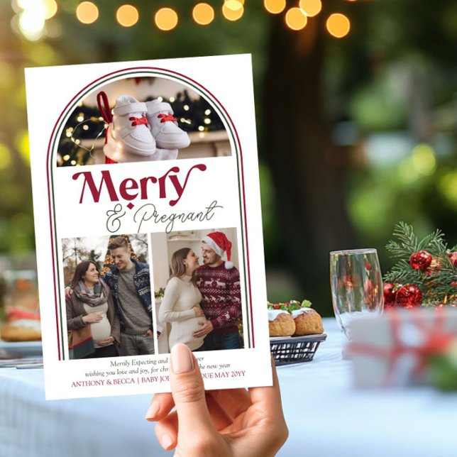 Merry and Pregnant Arch Photo Collage Pregnancy Holiday Card (Merry and Pregnant - Christmas Card Pregnancy Announcement by Darling & May)