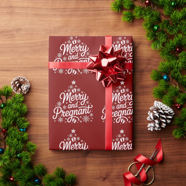 Merry And Pregnant Maternity Footprints Pregnancy  Wrapping Paper (Holiday Gift)