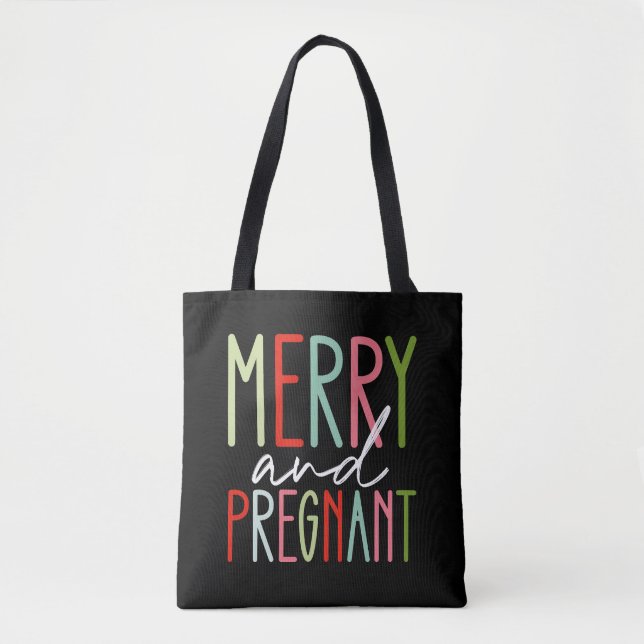 Merry and Pregnant Pregnancy Christmas Mom Tote Bag (Front)
