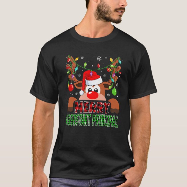 Merry Assistant Principal Reindeer Buffalo Plaid C T-Shirt (Front)