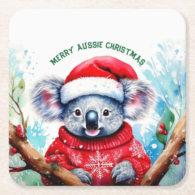 Merry Aussie Christmas Koala  Square Paper Coaster (Front)