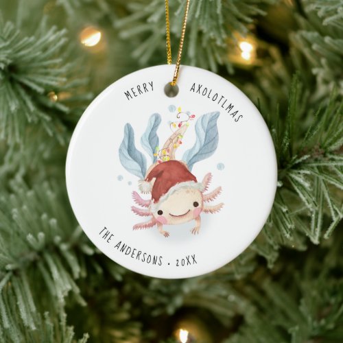 Merry Axolotlmas  Cute Watercolor Christmas Ceramic Ornament