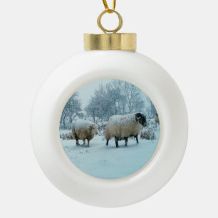 Merry Baaaa Mas Sheep Snow Winter Scene Festive  Ceramic Ball Christmas Ornament