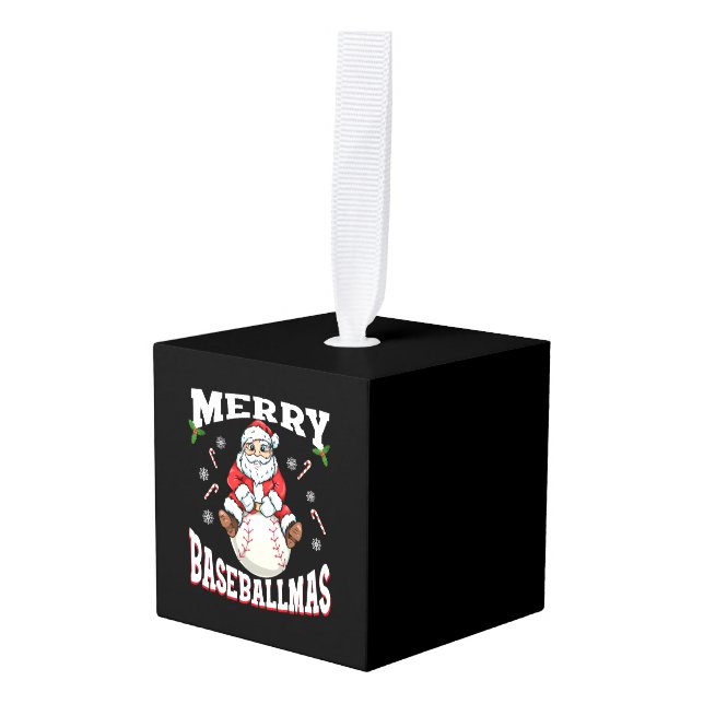 Merry Baseballmas Funny Christmas Baseball Santa Cube Ornament (Front Angled)
