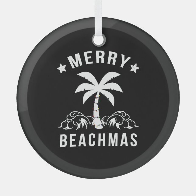 Merry Beachmas Palm Tree Beach Christmas Glass Ornament (Front)