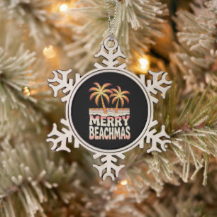 Merry Beachmas Palm Tree Tropical Sunset Christmas Snowflake Pewter Christmas Ornament