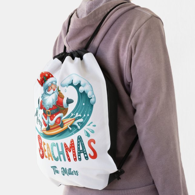 Merry Beachmas Santa Surfing Retro Design Drawstring Bag (Insitu)