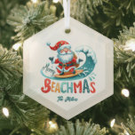 Merry Beachmas Santa Surfing Retro Design Glass Ornament<br><div class="desc">Merry Beachmas,  Santa surfin',  colorful retro typography,  Christmas in July design.</div>