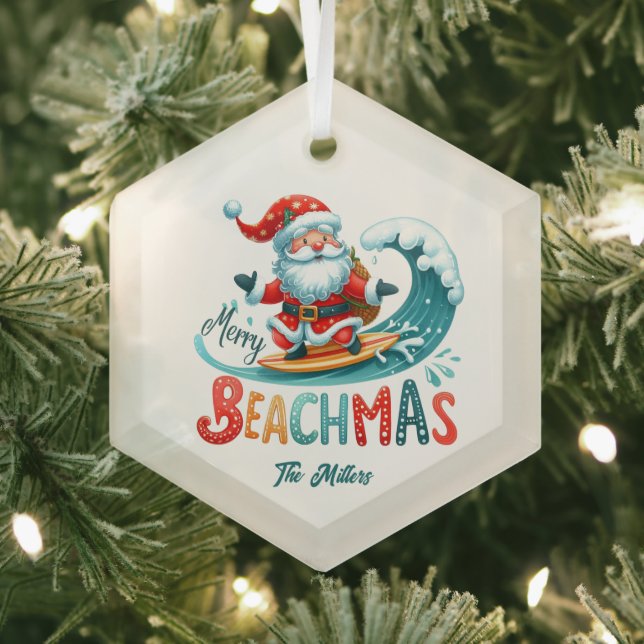 Merry Beachmas Santa Surfing Retro Design Glass Ornament (Insitu)