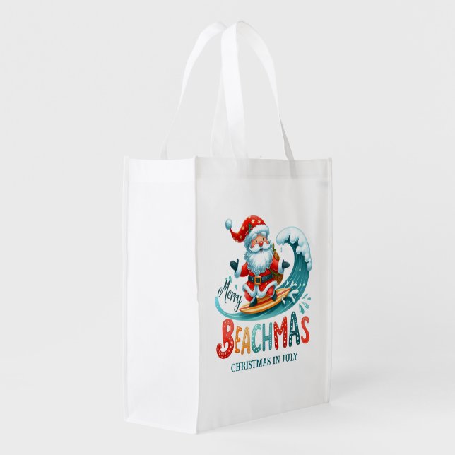 Merry Beachmas Santa Surfing Retro Design Grocery Bag (Back Side)