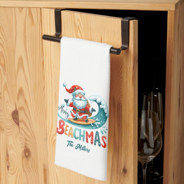 Merry Beachmas Santa Surfing Retro Design Kitchen Towel (Thirds Fold)
