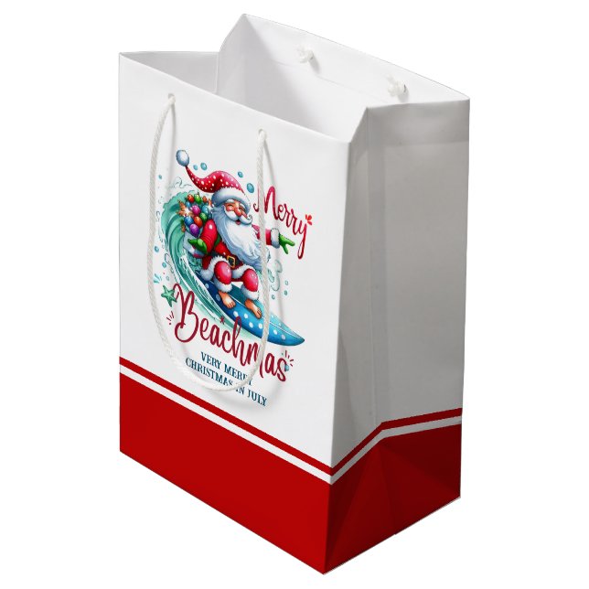 Merry Beachmas Santa Surfing Retro Design Medium Gift Bag (Back Angled)