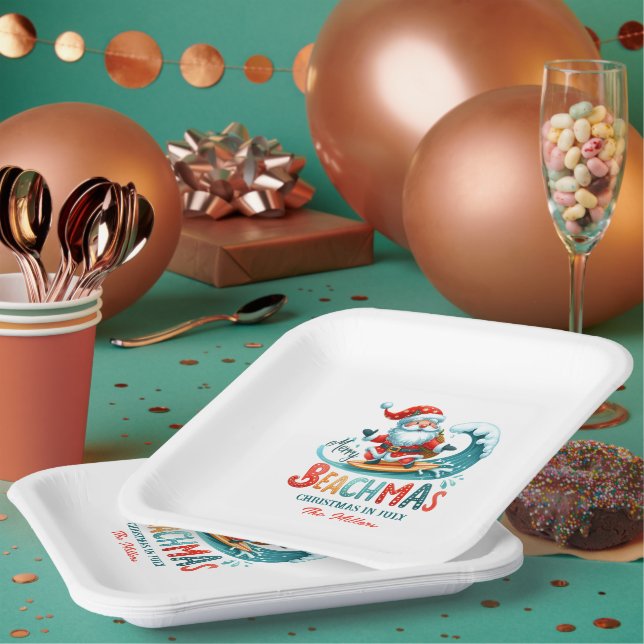 Merry Beachmas Santa Surfing Retro Design Paper Plates (Multi)