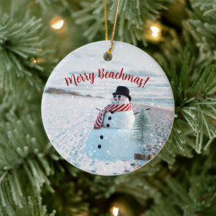 Merry Beachmas Snowy Sandy Snowman - Ceramic Ornament