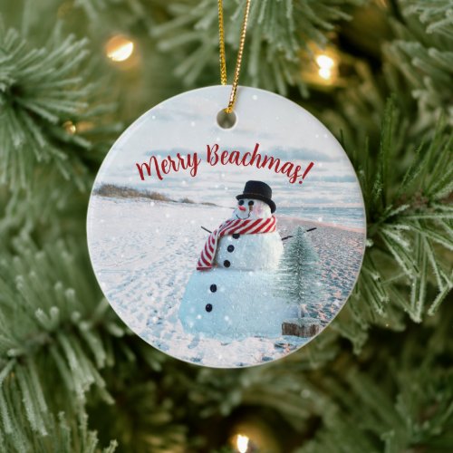 Merry Beachmas Snowy Sandy Snowman _ Ceramic Ornament