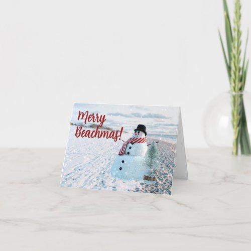 Merry Beachmas Snowy Sandy Snowman _  Holiday Card