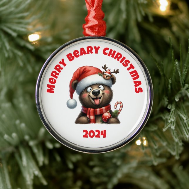 Merry Beary Christmas Metal Ornament (Tree)