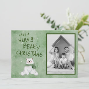 Merry Beary Christmas Polar Bear in Green Scarf Holiday Card
