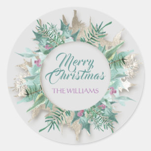 Merry Belly Christmas Happy Holidays Gray Teal Classic Round Sticker