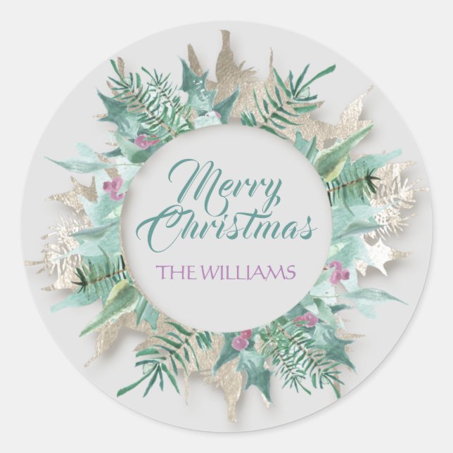 Merry Belly Christmas Happy Holidays Gray Teal Classic Round Sticker (Front)