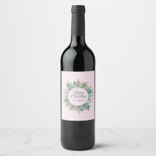 Merry Belly Christmas Holidays Branch Mint Pink Wine Label