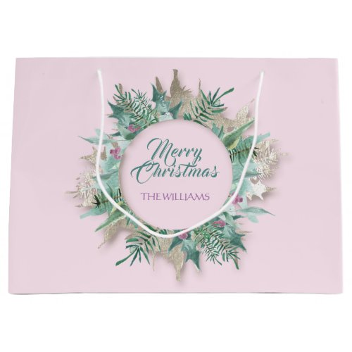 Merry Belly Christmas Holidays Branch Pink Ivory Large Gift Bag