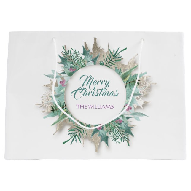 Merry Belly Christmas Holidays Branch White Mint Large Gift Bag (Front)