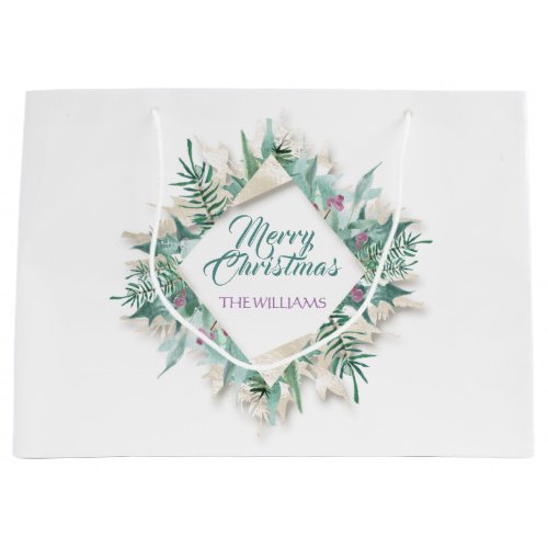 Merry Belly Christmas Holidays Wreath White Mint Large Gift Bag