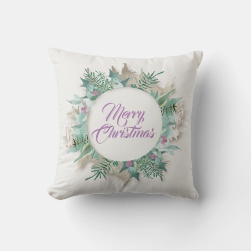 Merry Belly Christmas Wreath Lavender  Mint Gray Throw Pillow