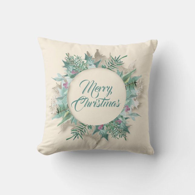 Merry Belly Christmas Wreath Winter Holidays Mint Throw Pillow (Front)