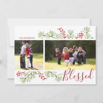 Merry Berries Watercolor Greenery Photo Holiday Card by ModernMatrimony at Zazzle