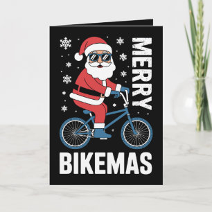 Merry Bikemas Santa Riding Bicycle Snowflakes Xmas Card