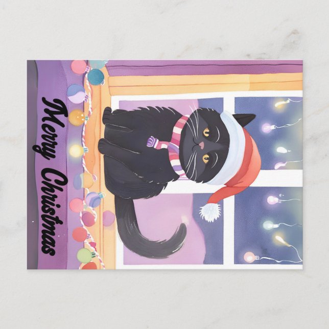 Merry Black Cat Christmas Postcard (Front)