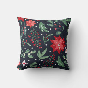 Merry Black Floral Holiday Christmas Throw Pillow