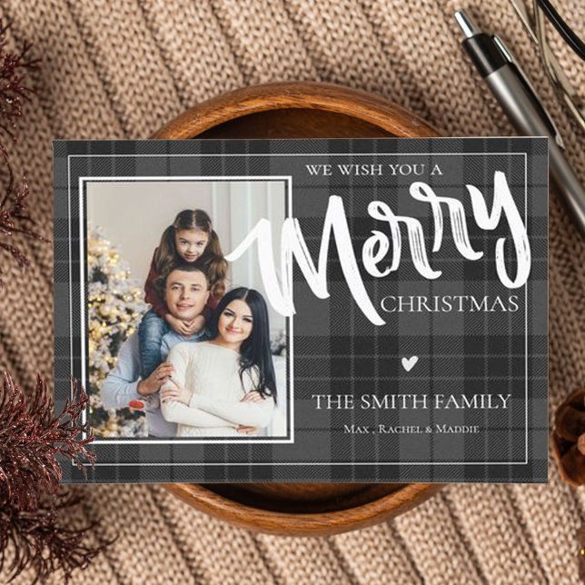 Merry Black Plaid Tartan Photo Merry Christmas Holiday Postcard (Creator Uploaded)