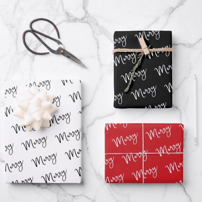 Merry Black white modern holiday gift minimal Wrapping Paper Sheets (Front)