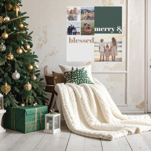 Merry & Blessed Family Christmas Photo Green Faux Canvas Print