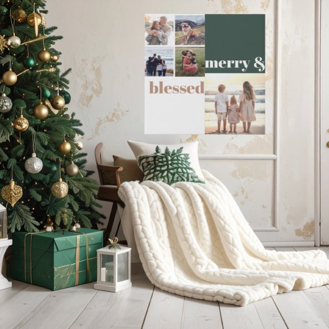Merry & Blessed Family Christmas Photo Green Faux Canvas Print (Creator Uploaded)